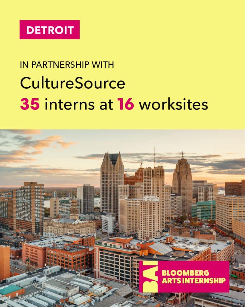 Graphic showing Detroit and facts from the Bloomberg Arts Internship Program