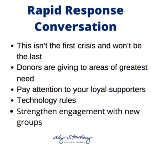 graphic that says Rapid response conversation - This isn’t the first crisis and won’t be the last - Donors are giving to areas of greatest need - Pay attention to your loyal supporters - Technology rules - Strengthen engagement with new groups