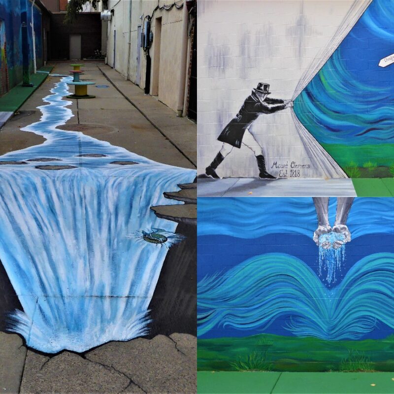 A photo of a mural about water that pours off onto the street and is painted onto the sidewalk and then turns into a waterfall.